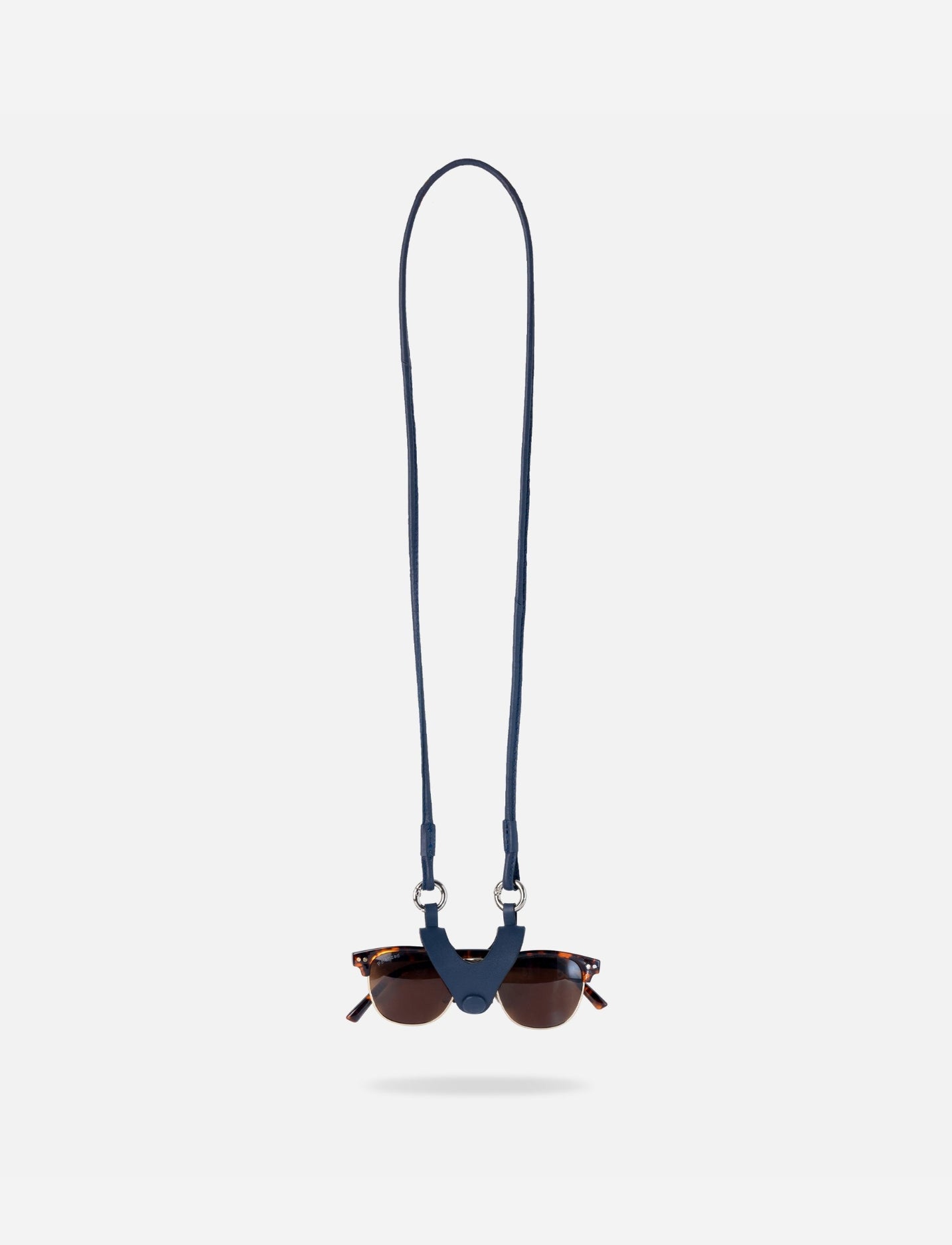 Econock Austere sunglass holder with lanyard in metallic blue upcycled leather, handcrafted eyewear accessory, lightweight and stylish.
