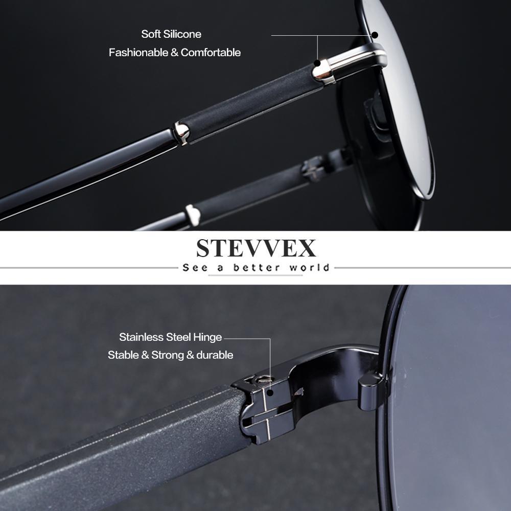Stevvex aviation-style polarized pilot sunglasses with UV400 protection, featuring a sleek frame and tinted lenses for sun protection