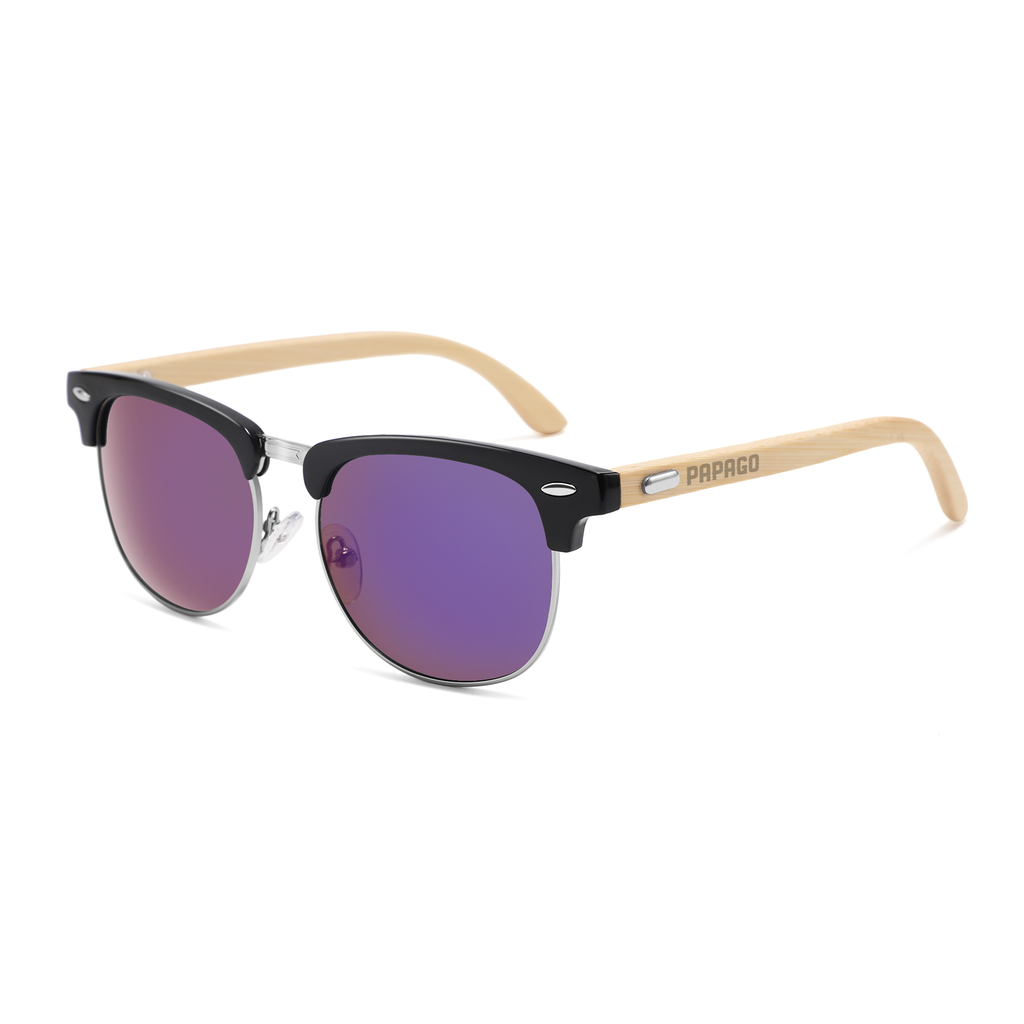 Handmade recycled wooden sunglasses by Papago featuring violet tinted lenses and natural wood frames.