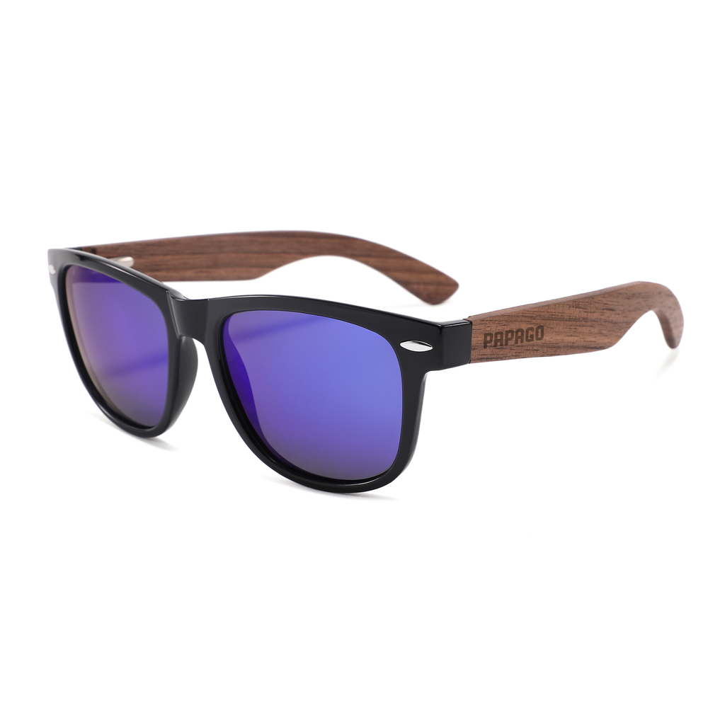 Handmade recycled wooden sunglasses from Papago with violet magnolia-inspired design and stylish frame.