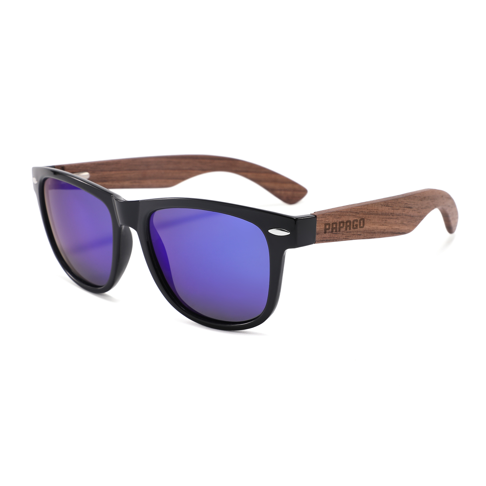 Handmade recycled wooden sunglasses from Papago with violet magnolia-inspired design and stylish frame.