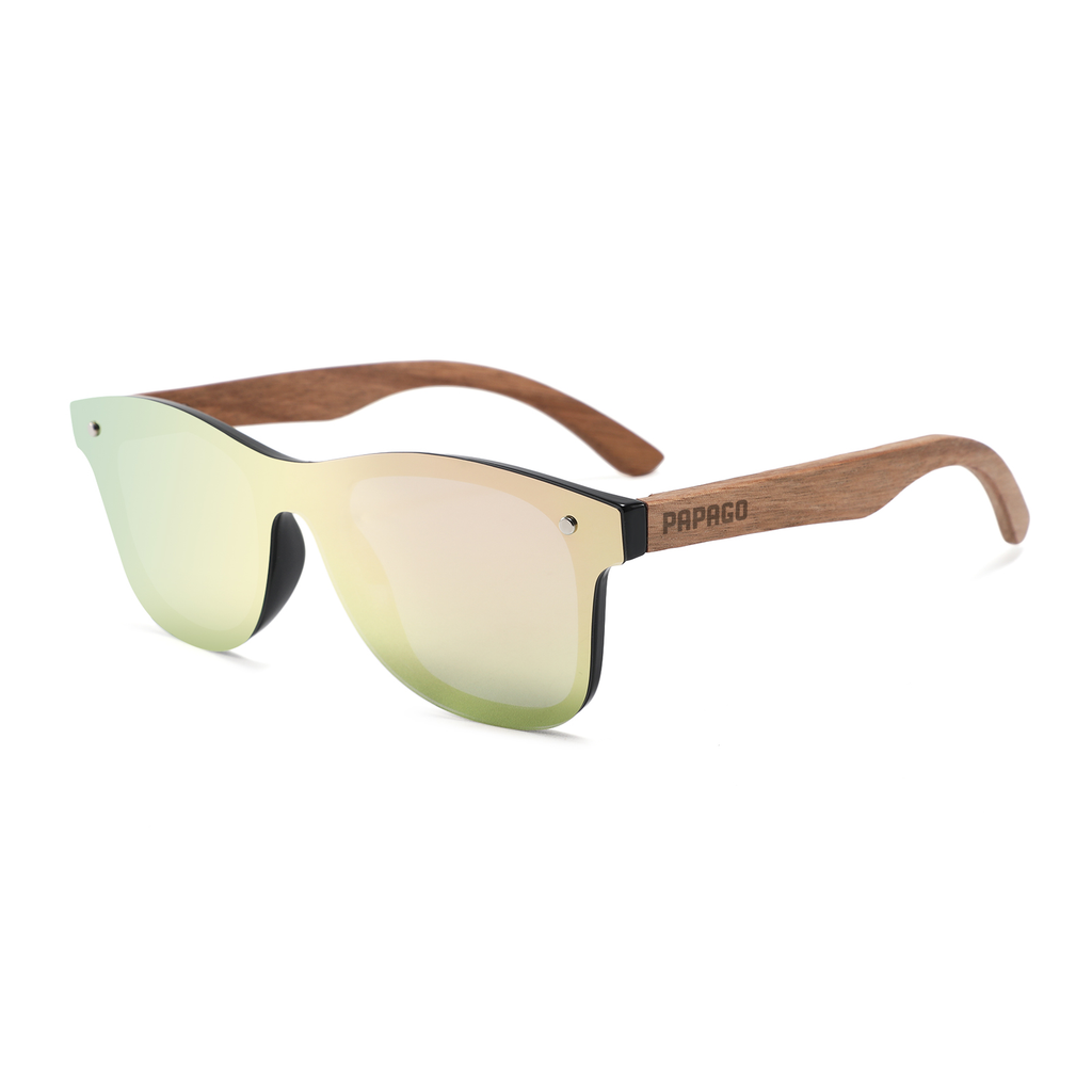 Handmade recycled wooden sunglasses by Papago Coral Ventures with sleek frame and polarized lenses.