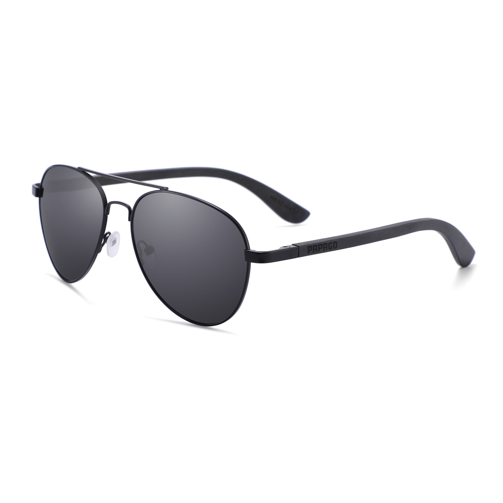 Handmade Papago Ebony Wood Palomas sunglasses with recycled wooden frames, showcasing sleek, natural design and craftsmanship.