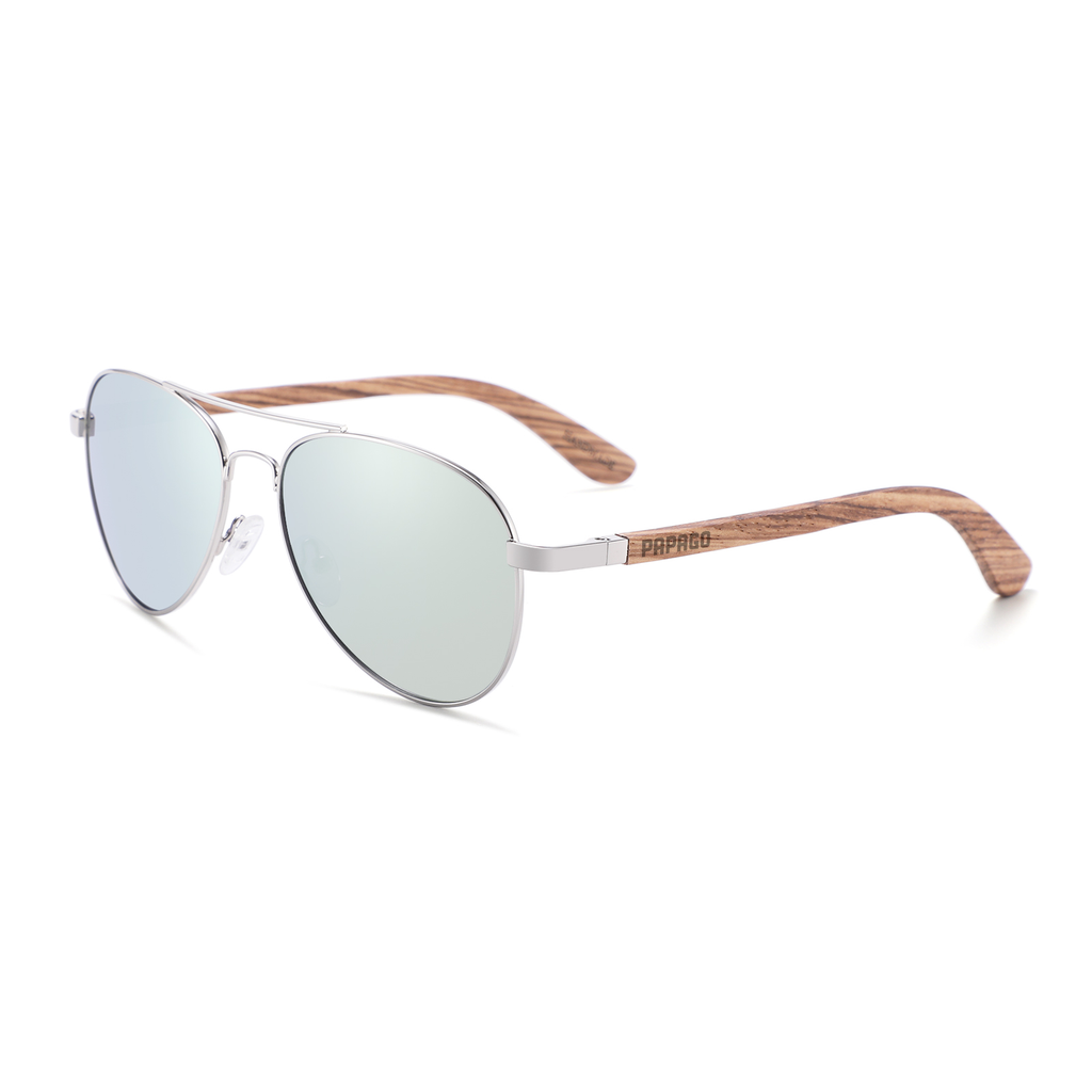 Handmade Papago Seafoam Palomas sunglasses with recycled wooden frames, featuring a stylish and eco-friendly design.