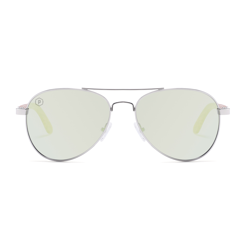 Seafoam Palomas handmade wooden sunglasses by Papago with logo, featuring eco-friendly recycled wood frames and stylish design.