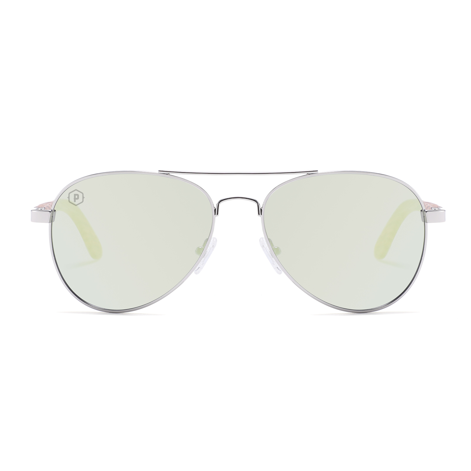 Seafoam Palomas handmade wooden sunglasses by Papago with logo, featuring eco-friendly recycled wood frames and stylish design.
