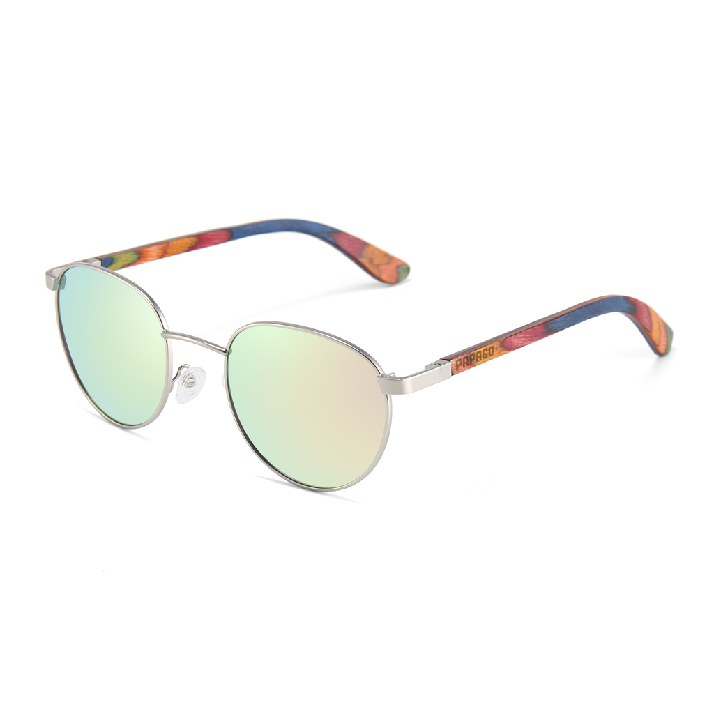 Handmade Papago Peacock Onofres sunglasses with recycled wooden frames, featuring intricate peacock design and eco-friendly craftsmanship.
