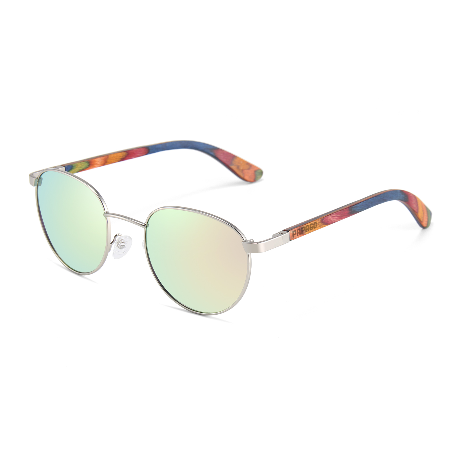 Handmade Papago Peacock Onofres sunglasses with recycled wooden frames, featuring intricate peacock design and eco-friendly craftsmanship.