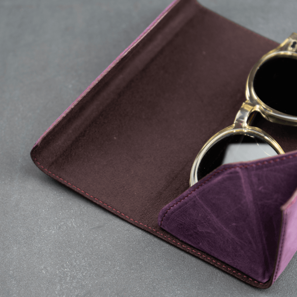 LEATHERE luxury leather sunglasses case in purple, designed as an eyewear accessory for stylish protection.