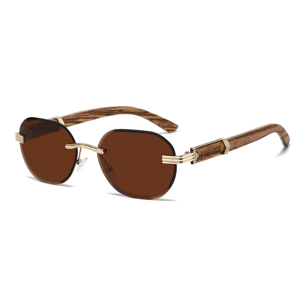 Papago Amber Agassiz handmade recycled wooden sunglasses with amber-tinted lenses and natural wood frames.