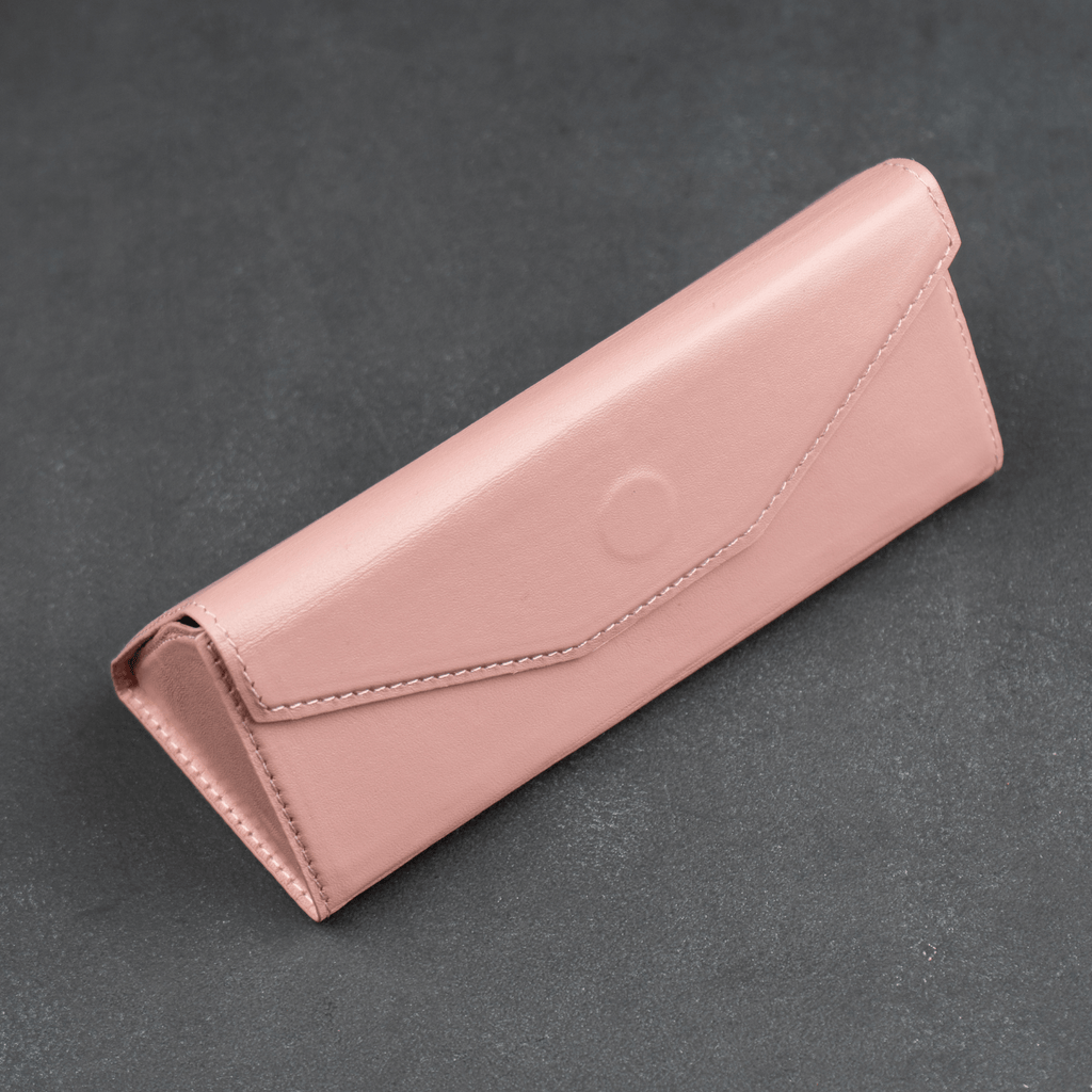 Pink luxury leather sunglasses case by LEATHERE, designed for eyewear accessories, with a sleek and stylish appearance.