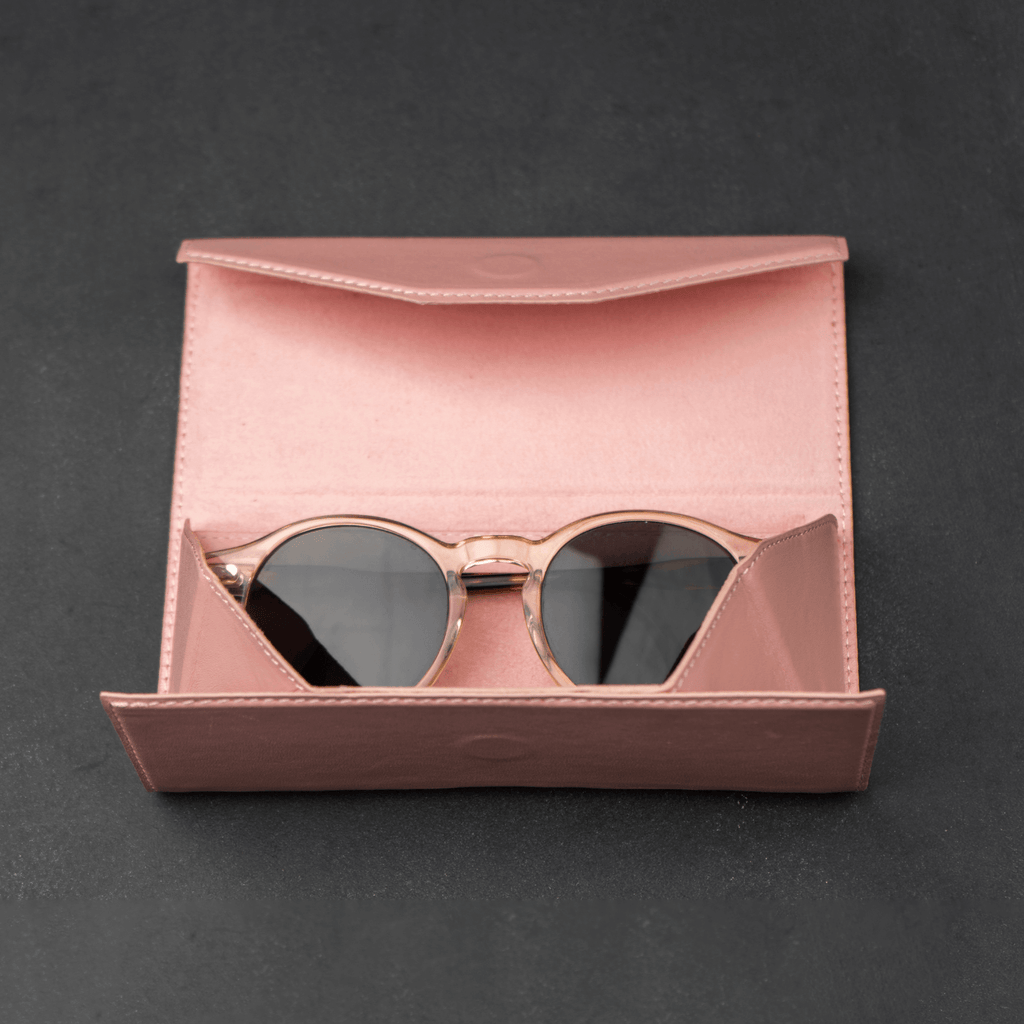 Pink luxury leather sunglasses case by LEATHERE, stylish eyewear accessory with soft interior for protection.