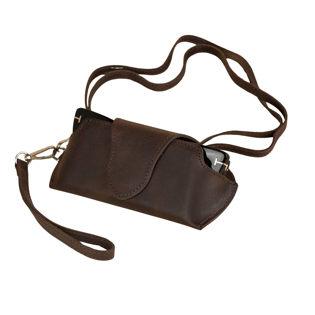 Dark brown leather sunglass case with wrist strap by LEATHERE, designed for eyewear protection and easy carrying.