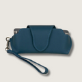 LEATHERE navy blue leather sunglass case with wrist strap, designed for eyewear accessories, on a white background.