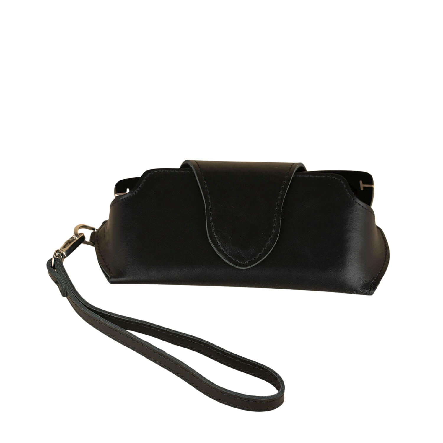 Black leather sunglass case with wrist strap from LEATHERE, designed for eyewear accessories and easy portability.
