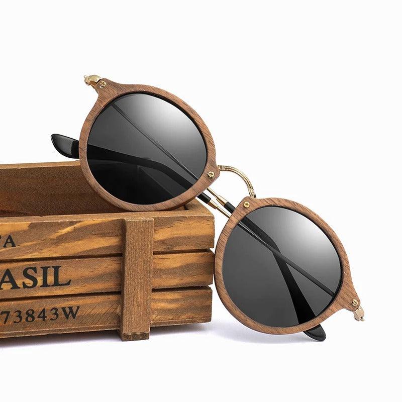 Modern ultralight unisex wooden sunglasses by Stevvex with polarized lenses and sleek design, shown on a neutral background.