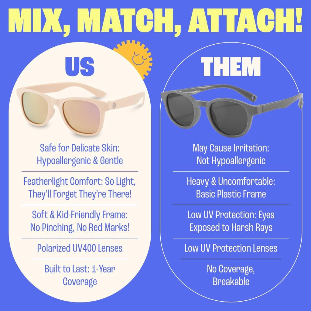 Unbreakable polarized toddler sunglasses with black frames and tinted lenses, designed for durability and eye protection.