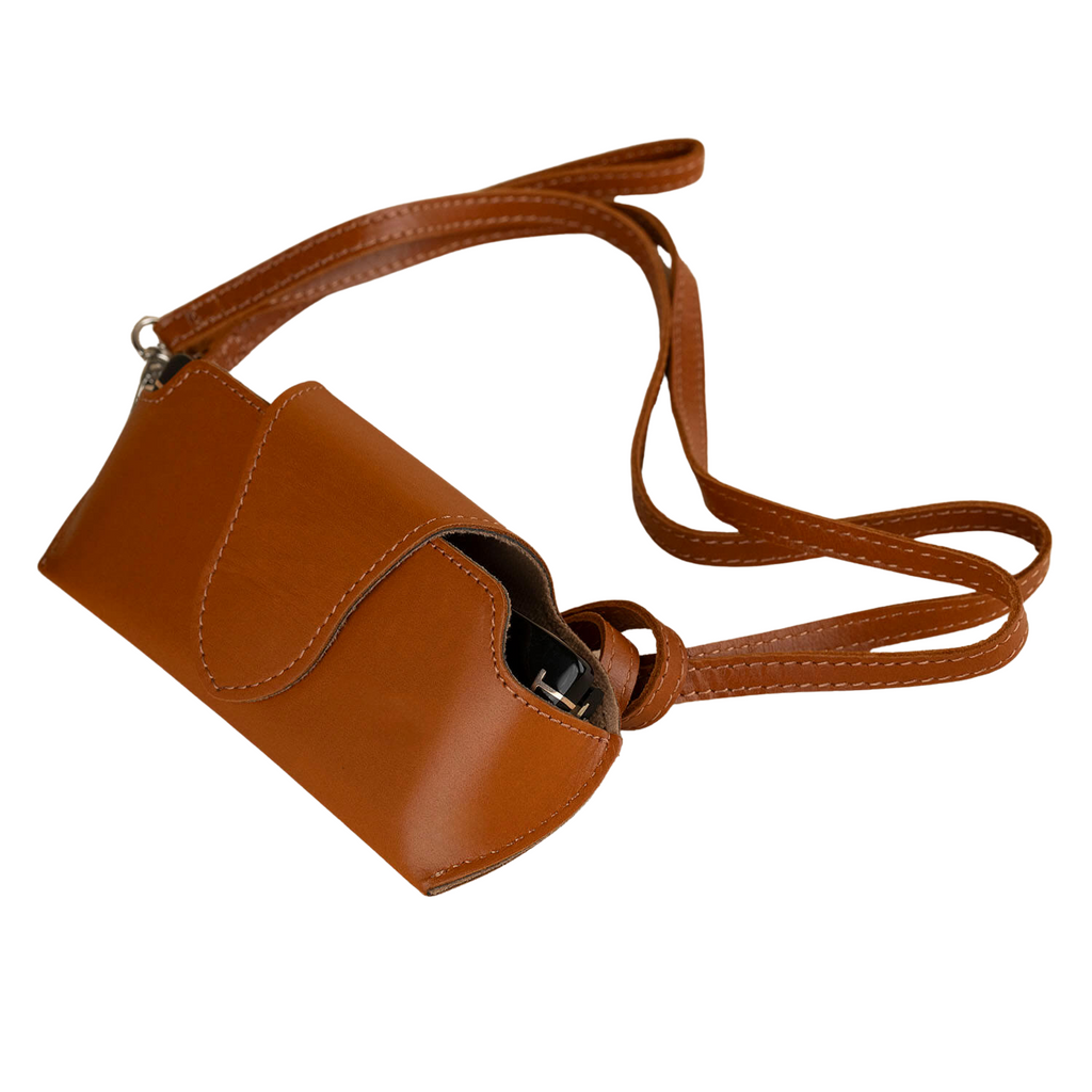 Medium brown leather sunglass case with wrist strap from LEATHERE, designed for eyewear protection and easy carrying.