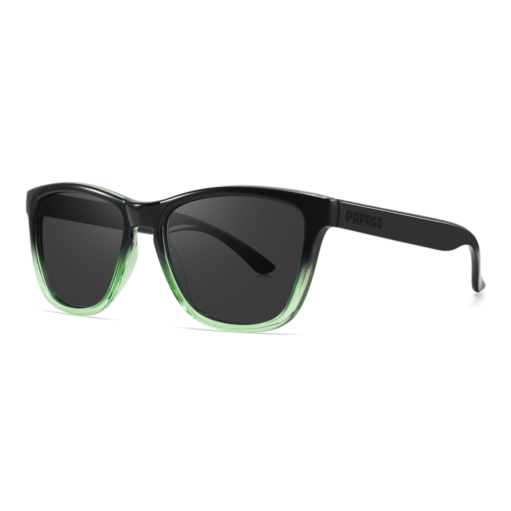 Handmade recycled wooden sunglasses in green fade color from Papago, showcasing stylish eco-friendly eyewear.