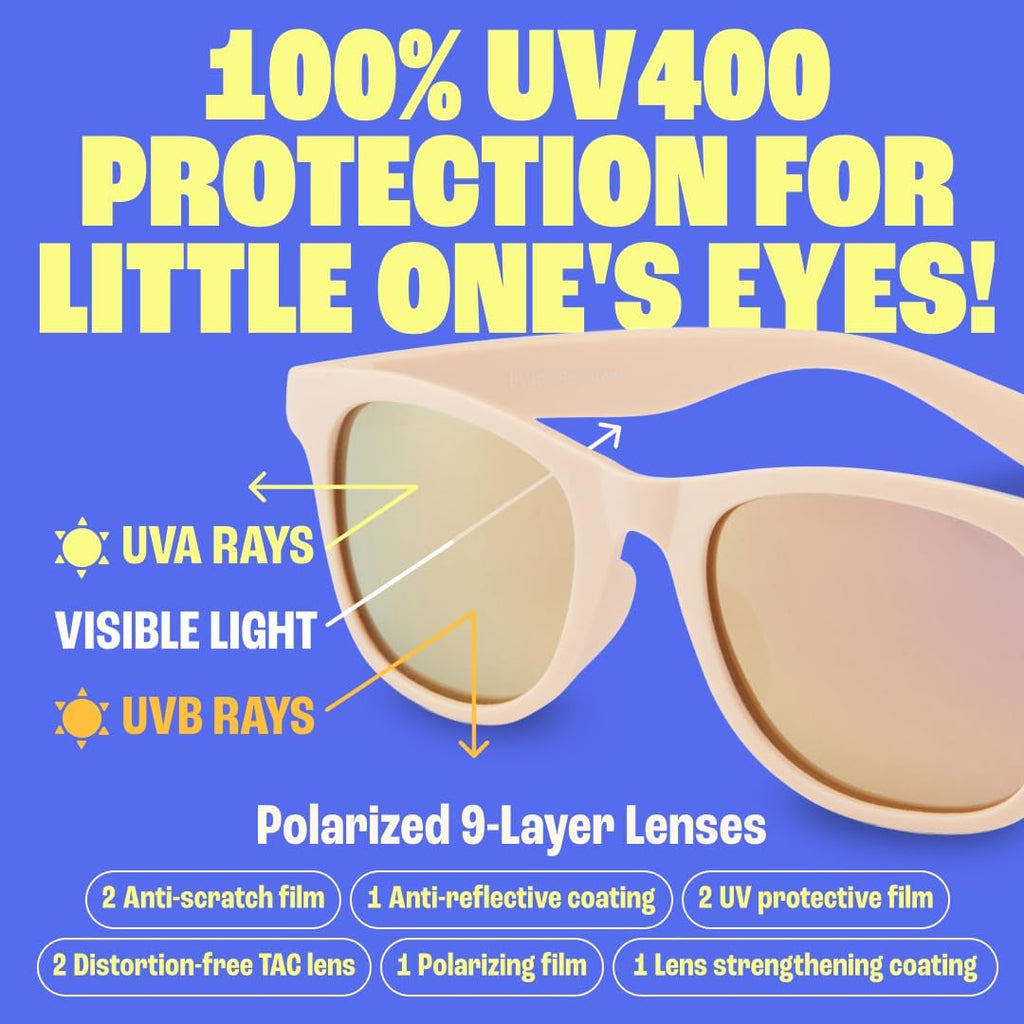 Unbreakable polarized toddler sunglasses with durable frames and tinted lenses, designed for young children.