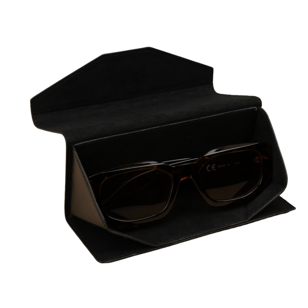 Black luxury leather sunglasses case by LEATHERE, designed for eyewear accessories, with sleek stitching and compact storage.