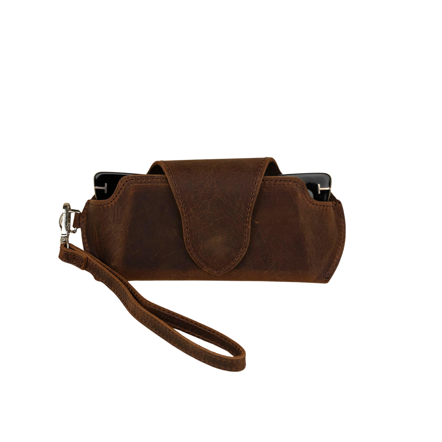 Leather sunglass case with wrist strap in rich dark brown from LEATHERE, designed for eyewear protection and style.
