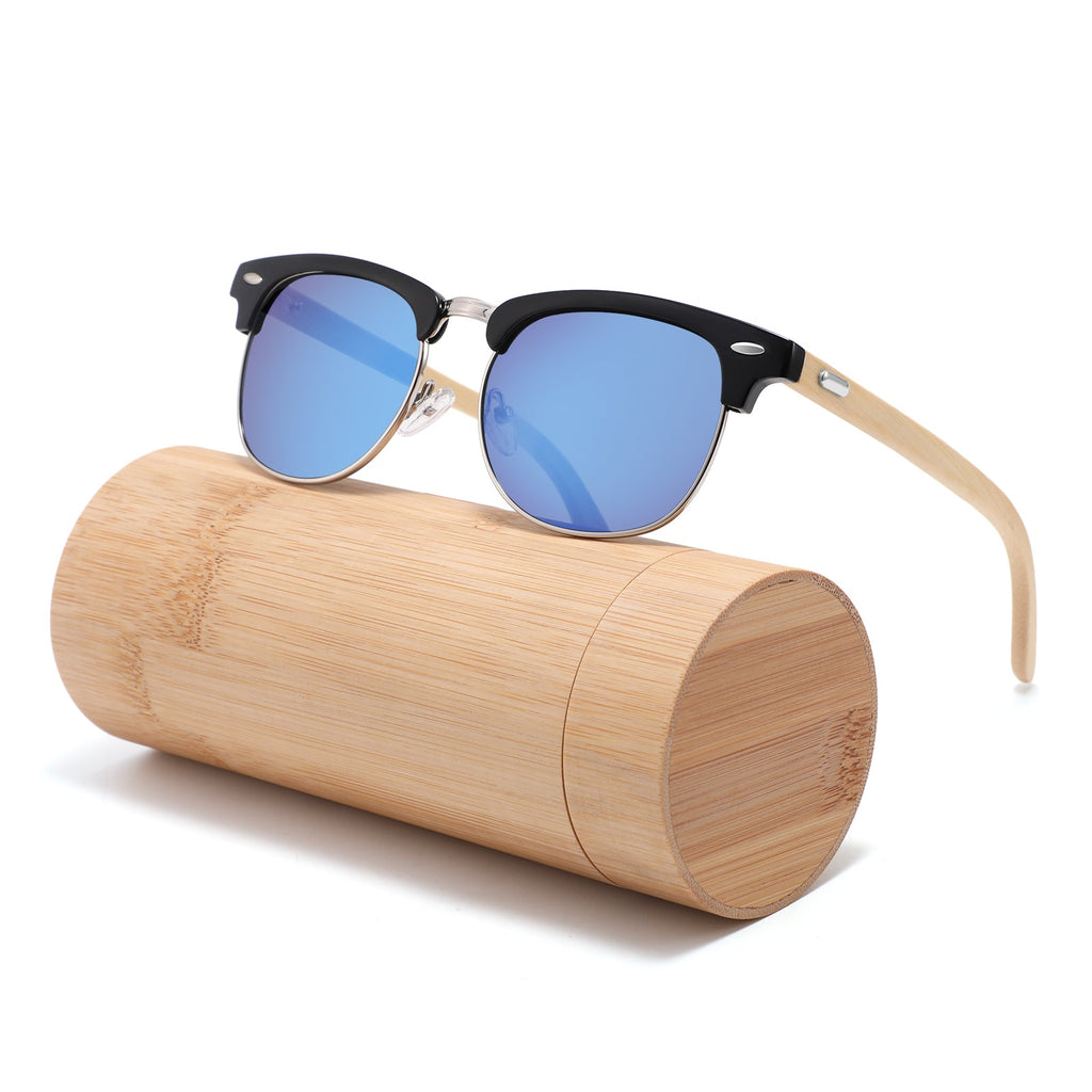 Handmade recycled wooden sunglasses from Papago, featuring violet-tinted lenses and a stylish, eco-friendly design.
