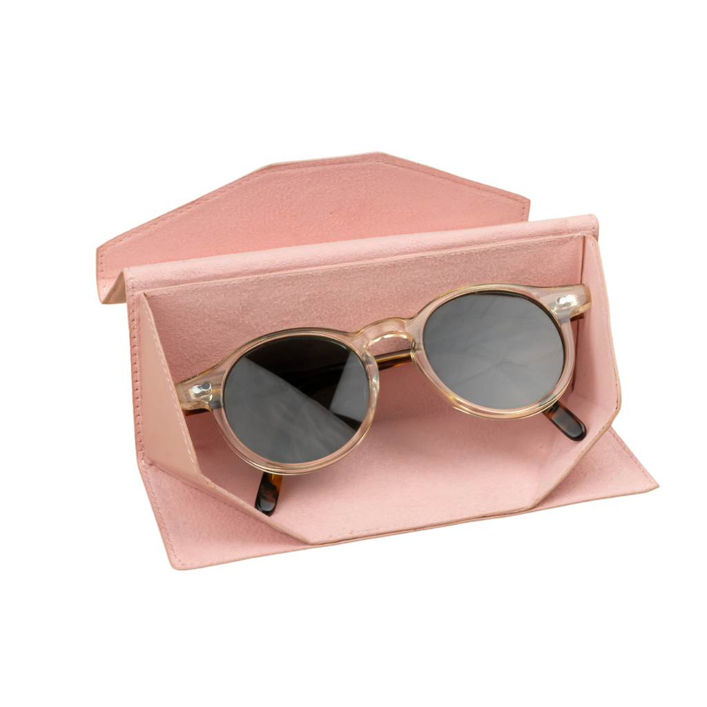 Pink luxury leather sunglasses case by LEATHERE, stylish eyewear accessory with soft interior for protecting sunglasses.