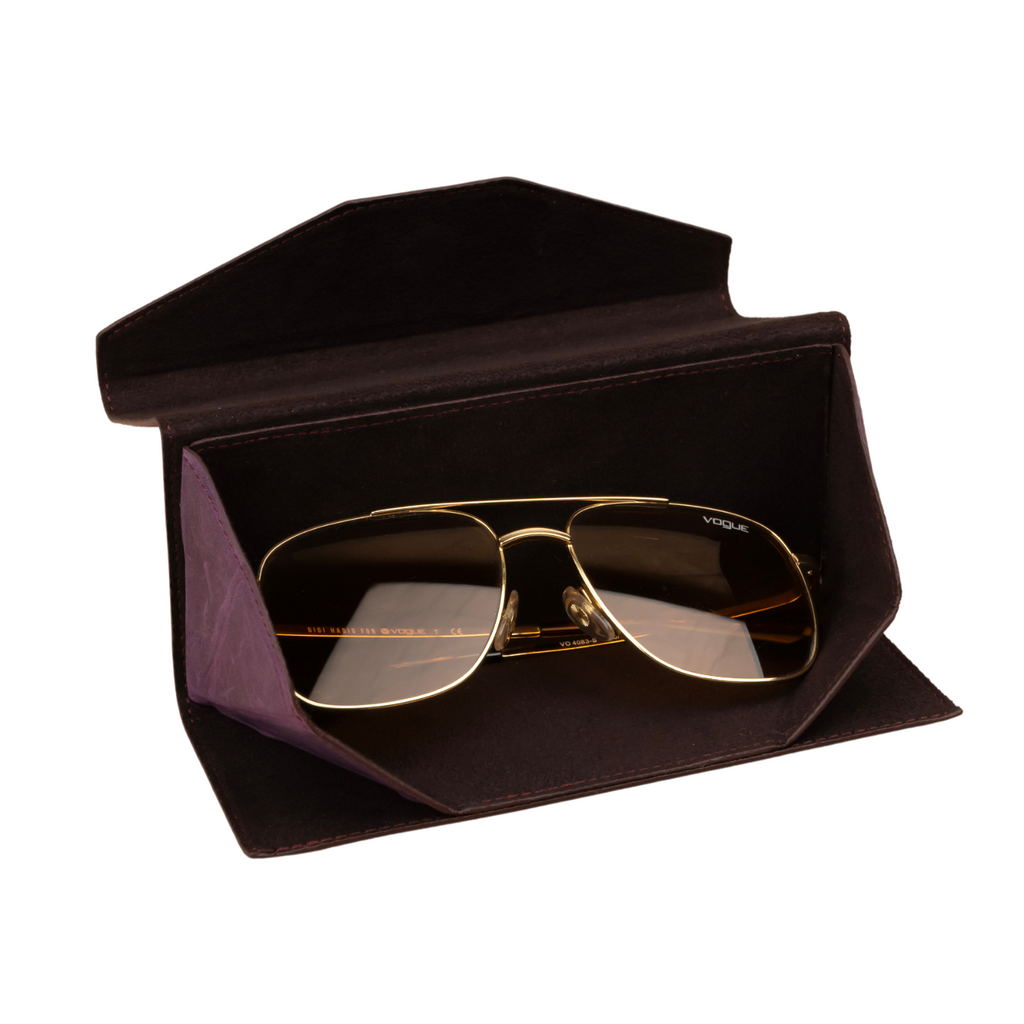 Purple leather sunglasses case by LEATHERE, luxury eyewear accessory with soft interior and sleek design for protecting sunglasses.