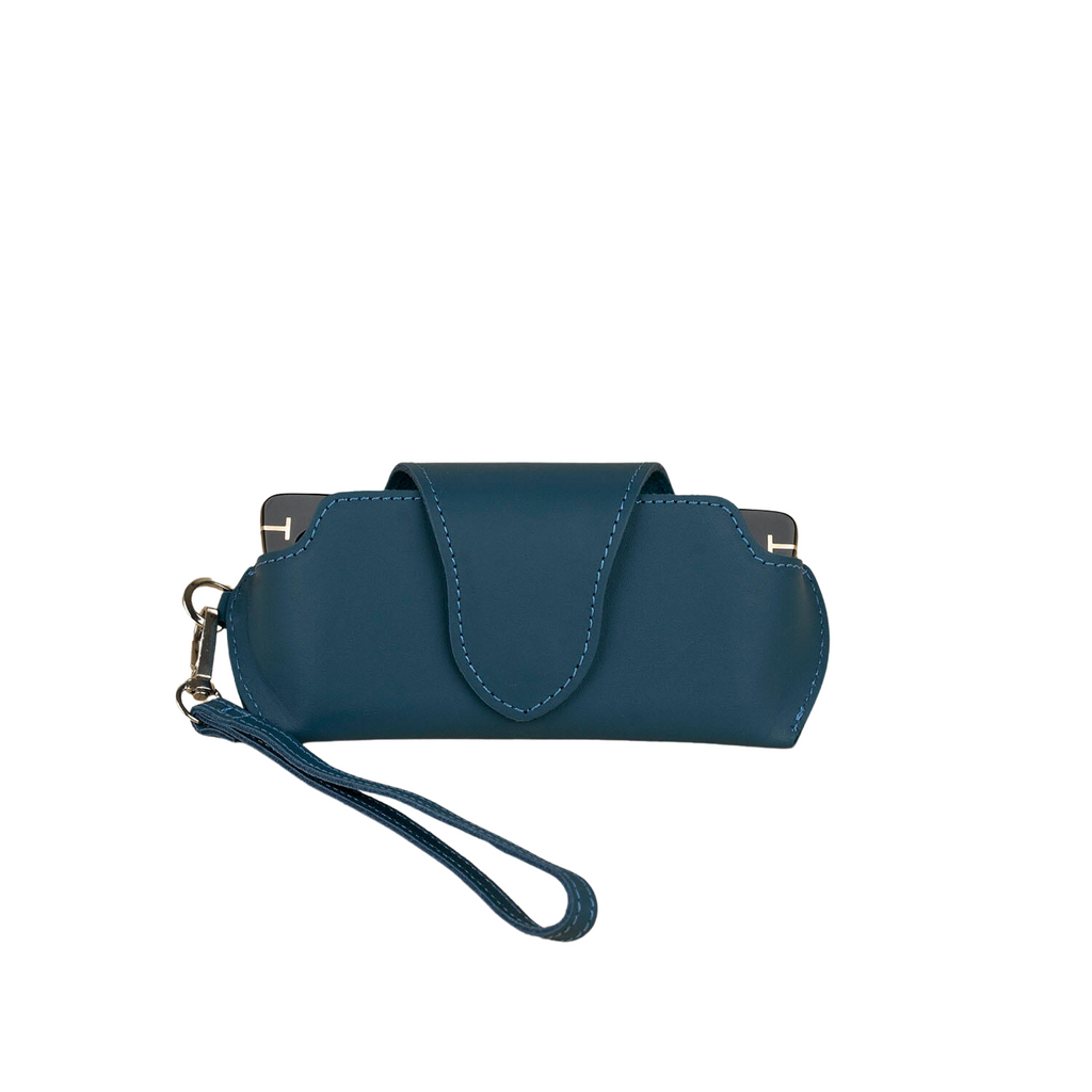 Navy blue leather sunglass case with wrist strap by LEATHERE, designed for eyewear accessories and protection.