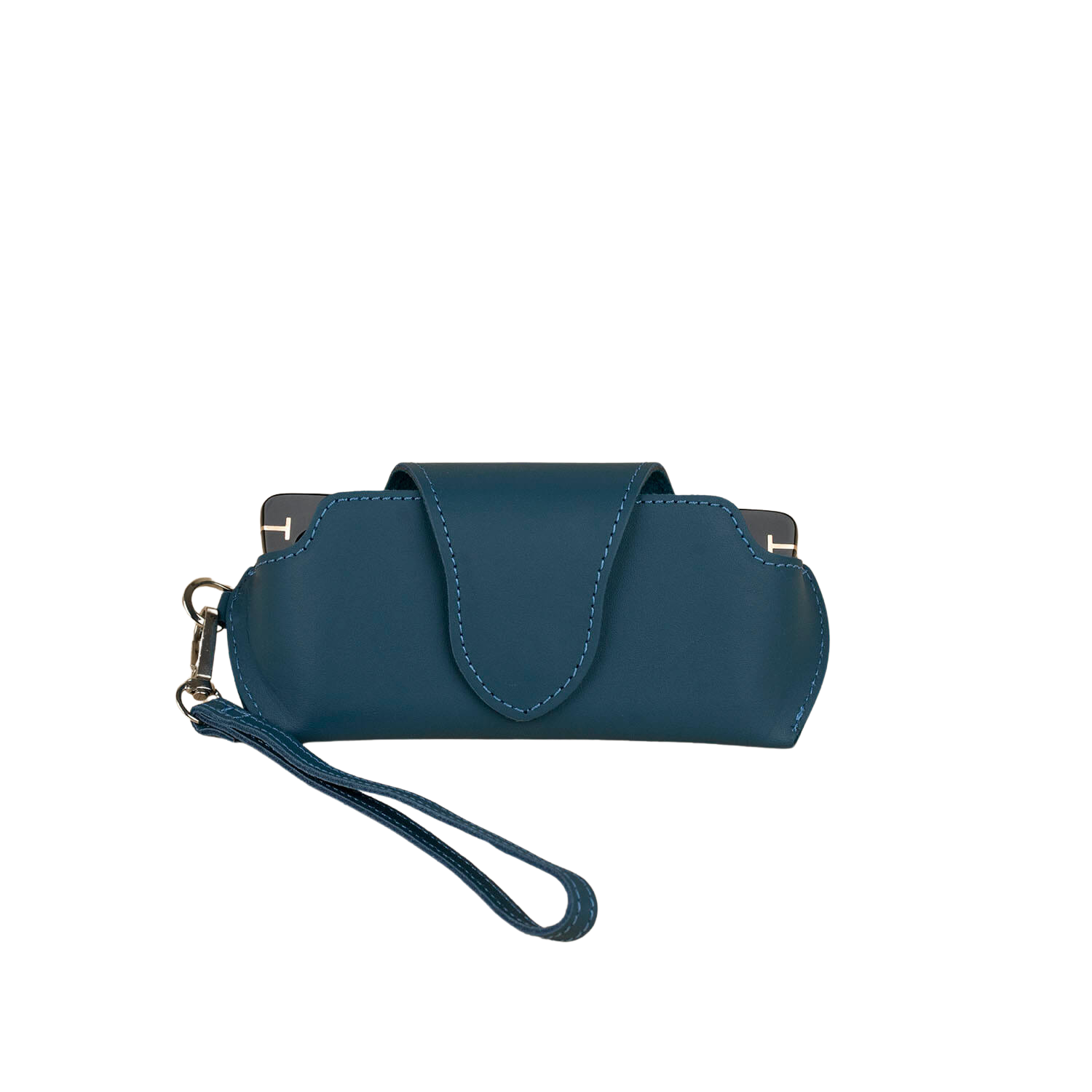 Navy blue leather sunglass case with wrist strap by LEATHERE, designed for eyewear accessories and protection.
