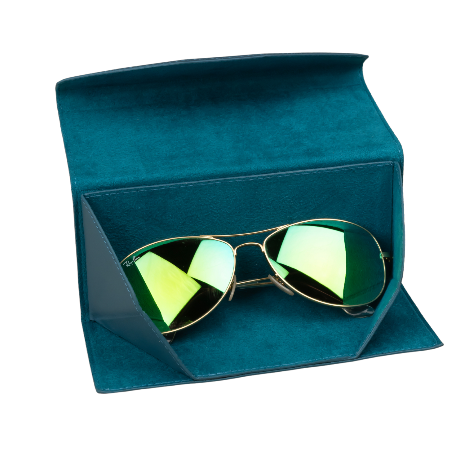 Dark blue LEATHERE luxury leather sunglasses case, stylish eyewear accessory with sleek stitching and compact design.
