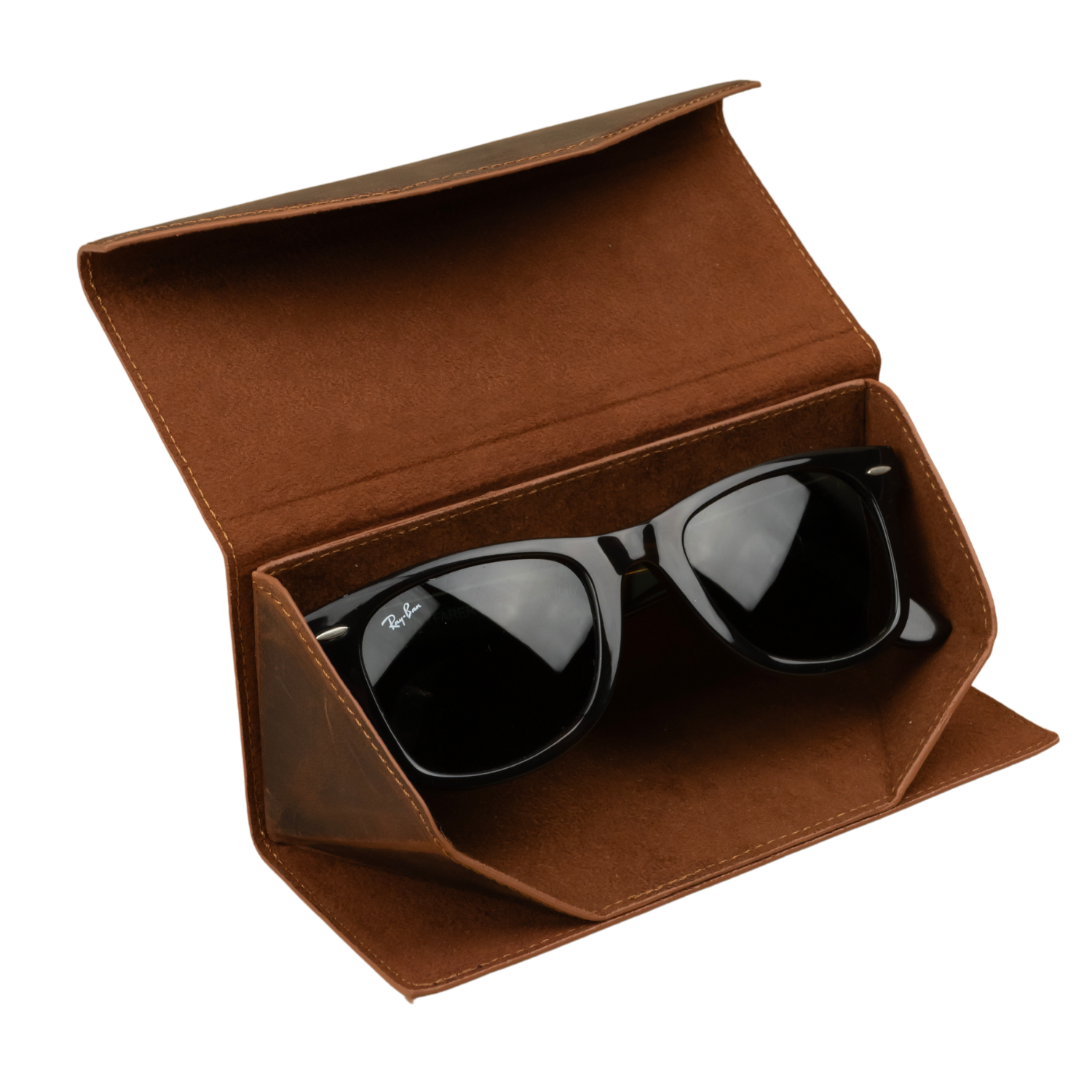 Dark brown LEATHERE luxury leather sunglasses case for eyewear accessories, with sleek, protective design.