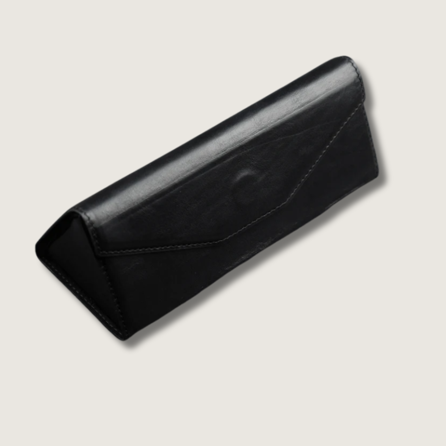Black luxury leather sunglasses case by LEATHERE, designed for eyewear accessories with a sleek, elegant finish.