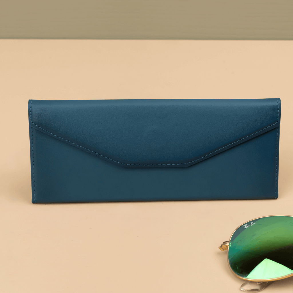 Dark blue luxury leather sunglasses case by LEATHERE, designed for eyewear accessories with a sleek, durable finish.