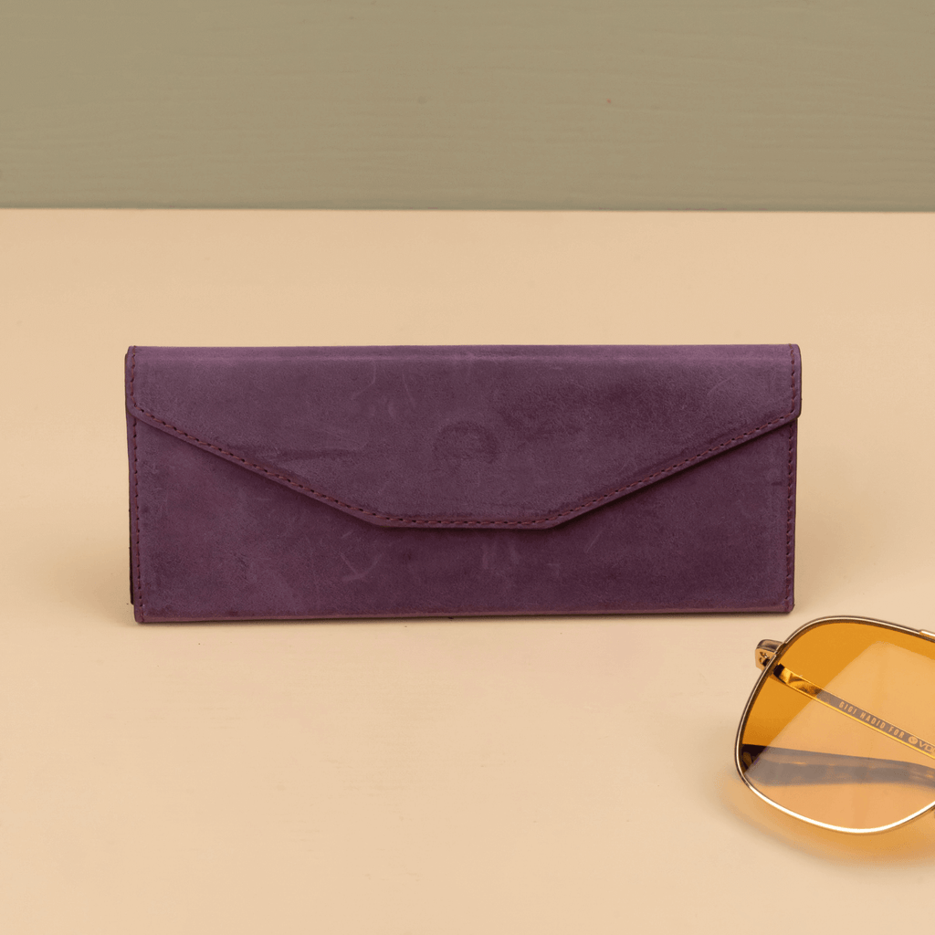 Purple luxury leather sunglasses case by LEATHERE, designed to protect eyewear in a stylish, high-quality accessory.