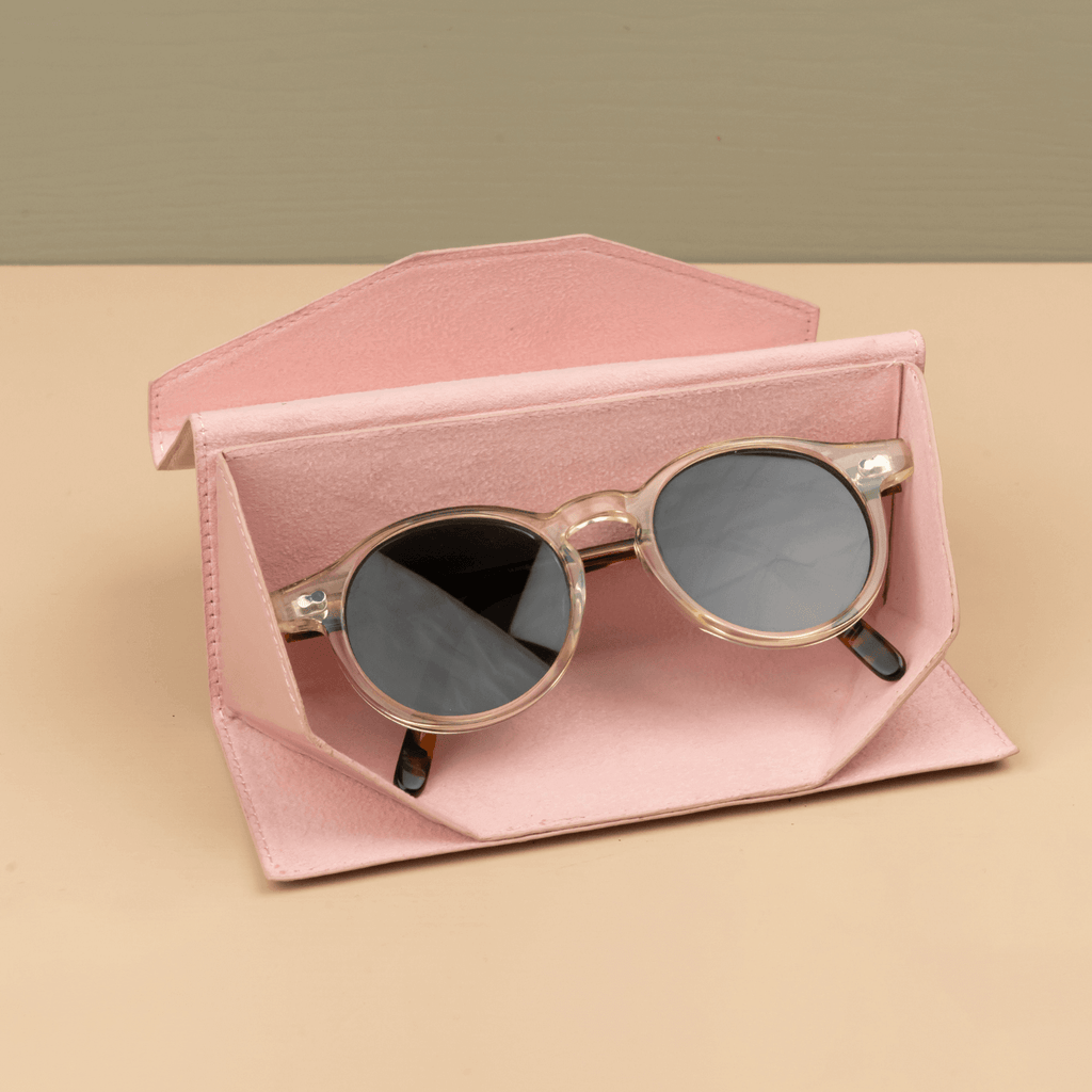 Pink luxury leather sunglasses case from LEATHERE, stylish eyewear accessory with a smooth finish and secure closure.
