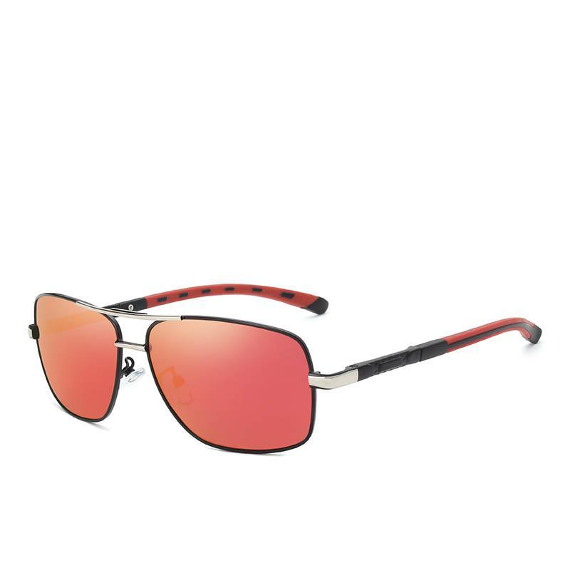 Stevvex Kingseven aluminum polarized mirror sunglasses with reflective lenses and sleek black frame, worn on a person outdoors