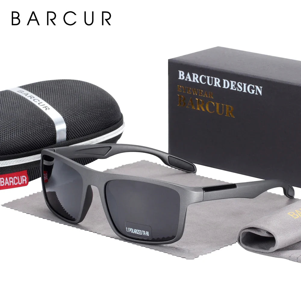 Stevvex BARCUR TR90 ultralight polarized UV400 sunglasses with sleek black frames and tinted lenses for UV protection.