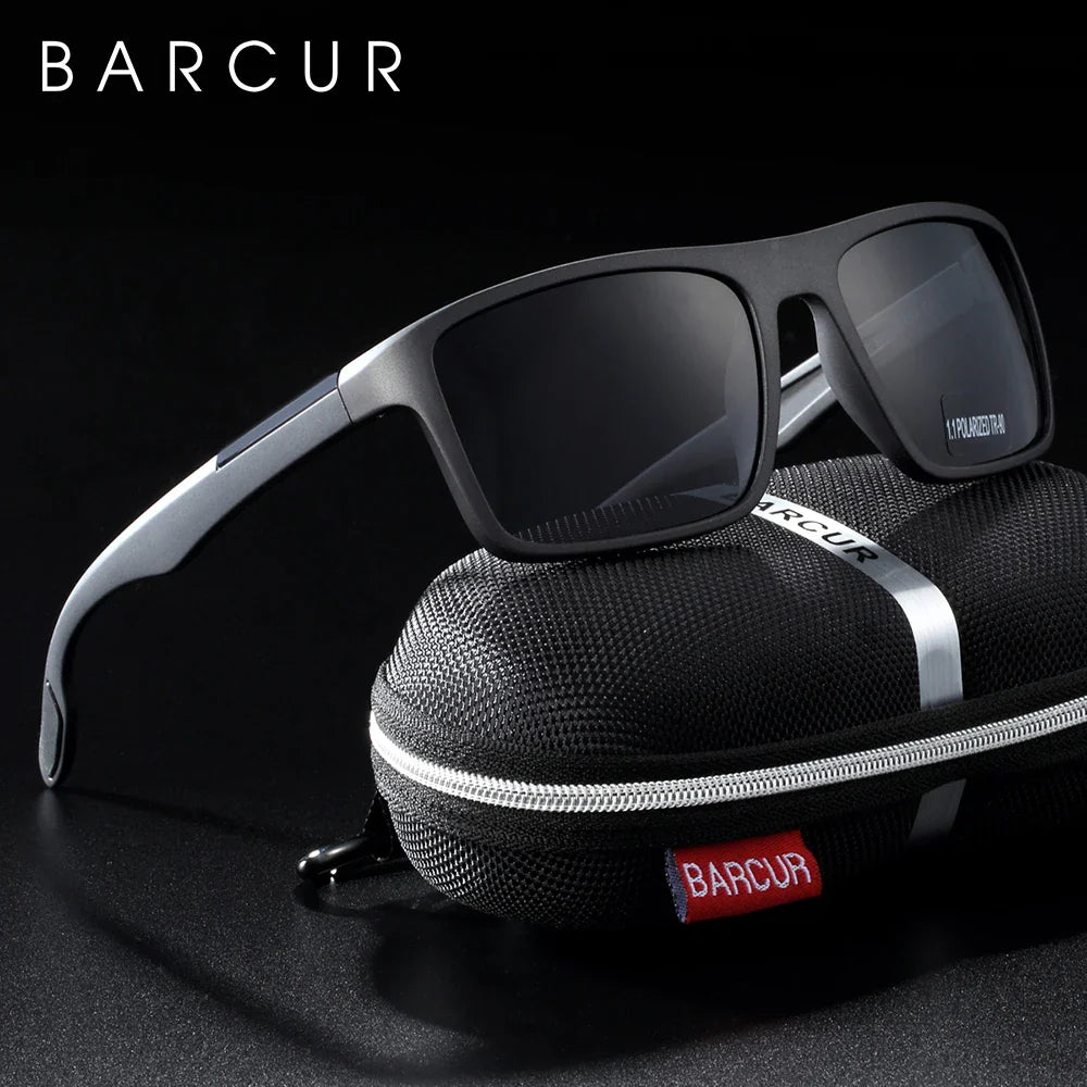 Stevvex BARCUR TR90 ultralight polarized UV400 sunglasses with black frames and tinted lenses, designed for outdoor protection.