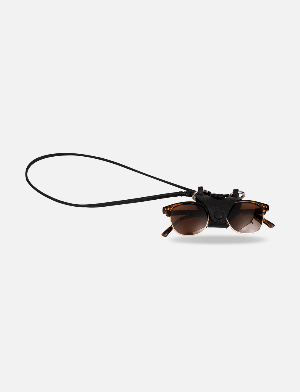 Black Austere sunglass holder with lanyard, handcrafted from upcycled leather, featuring a sleek design and secure closure.