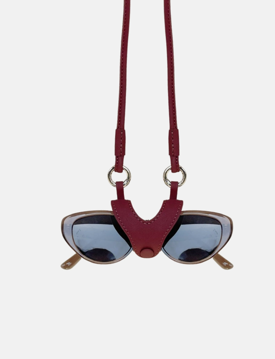 Econock Austere sunglass holder with burgundy upcycled leather case and matching lanyard, handcrafted in India.