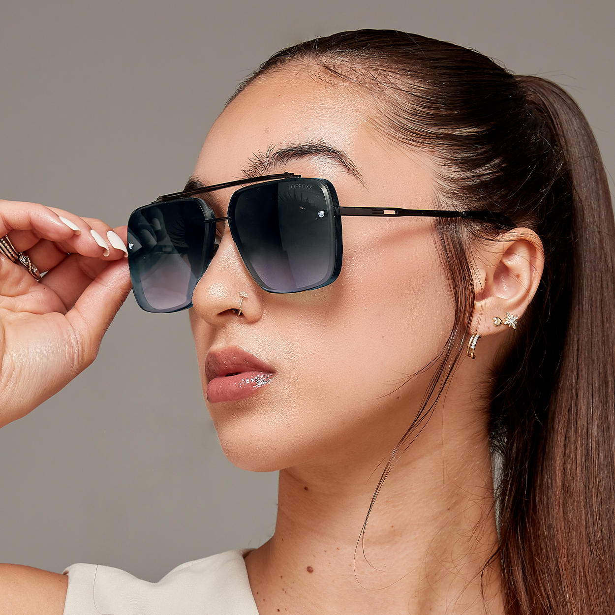 TopFoxx Bella Midnight Tangle-Free Oversized Square Aviator Sunglasses