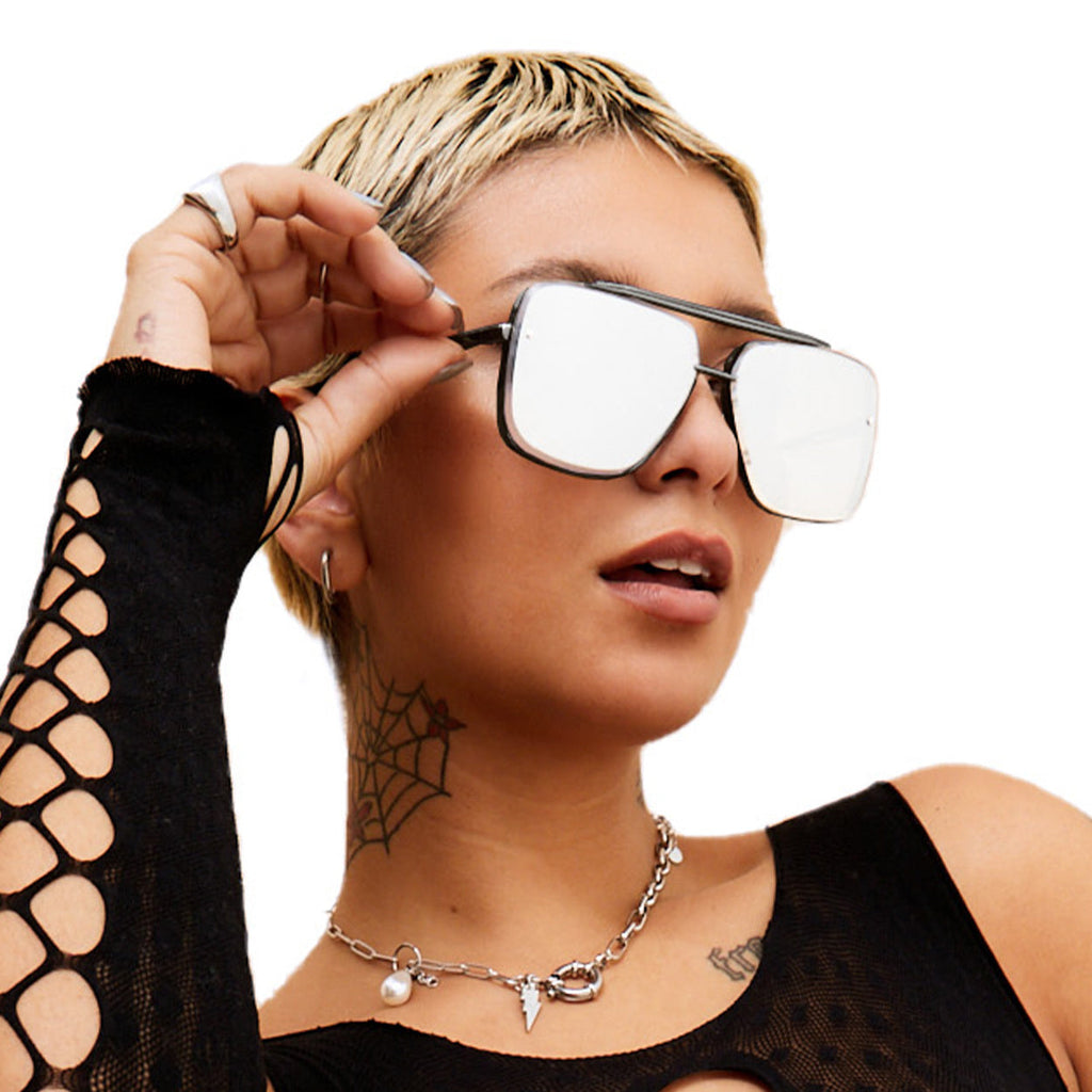 TopFoxx Bella Chrome Black Oversized Square Aviator Sunglasses