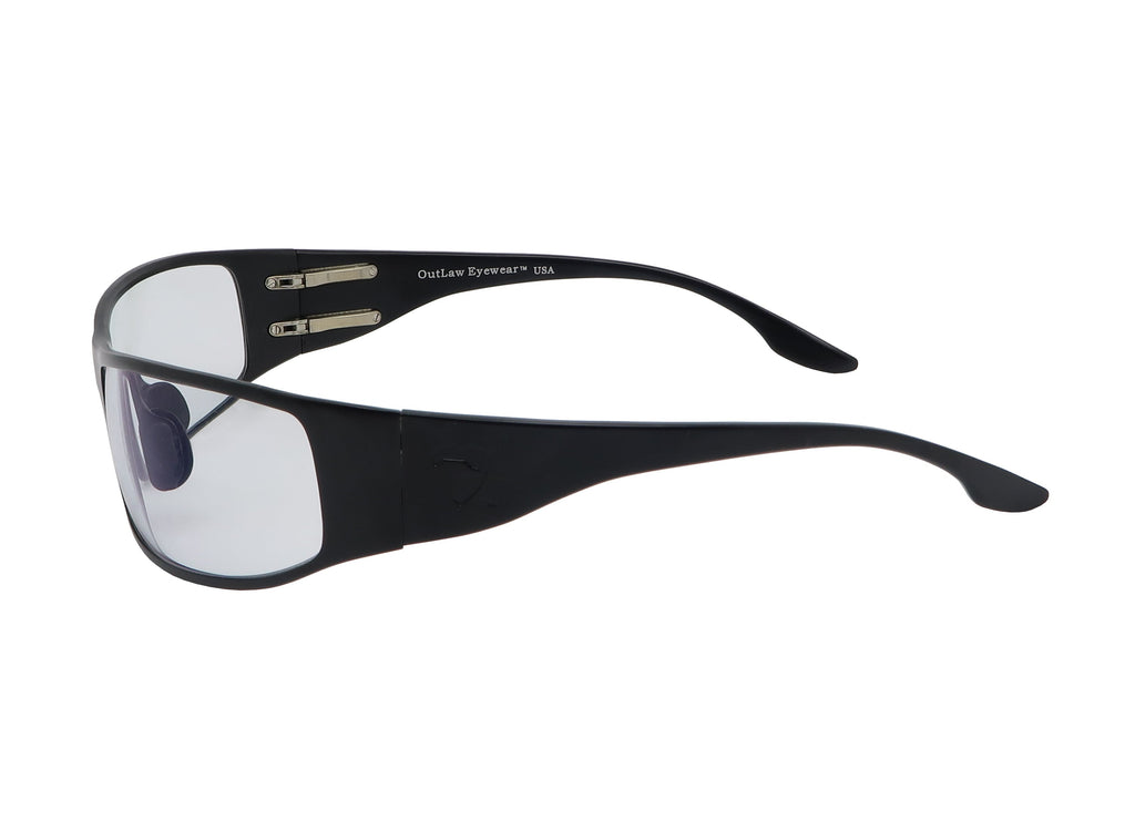 OutLaw Eyewear Fugitive TAC military polarized sunglasses with black frame and gray lenses, designed for outdoor and tactical use.