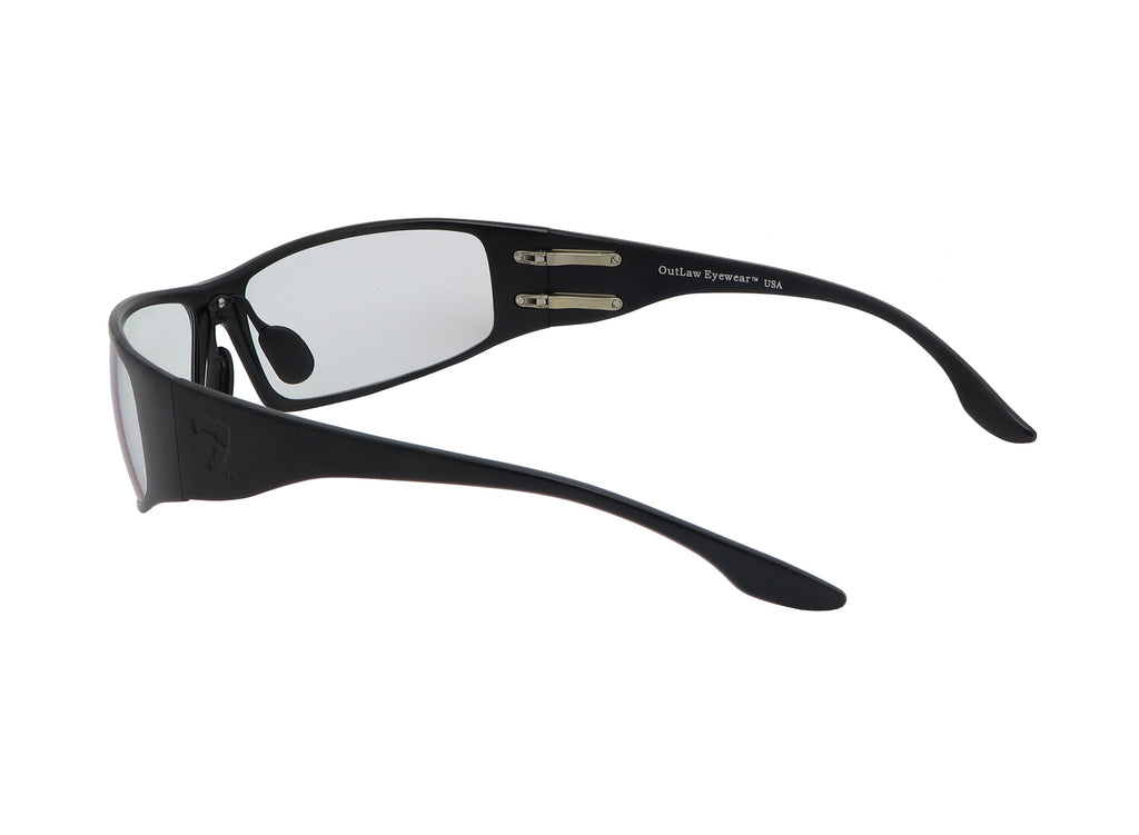 OutLaw Eyewear Fugitive TAC military polarized sunglasses with black frame and gray lenses on black background.