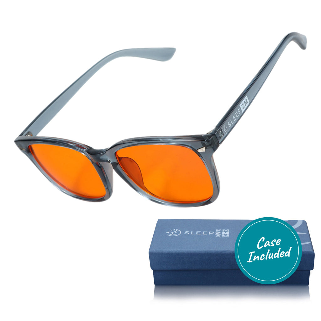 Blue Light Glasses by Sleep ZM in night-time wayfarer style with blue frames, shown with a storage box.