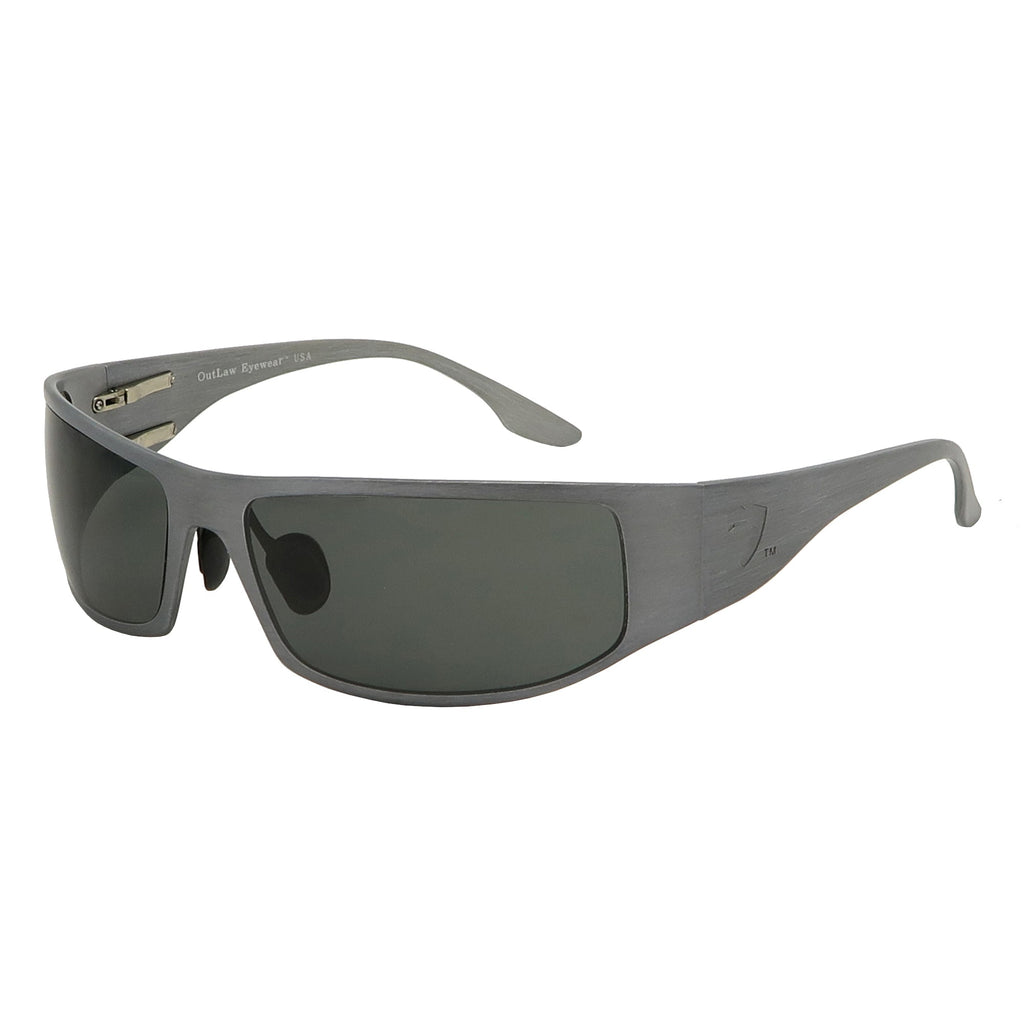 OutLaw Eyewear Fugitive TAC sunglasses with brushed gunmetal frame and polarized lenses, ANSI Z87.1-2015 safety rated.