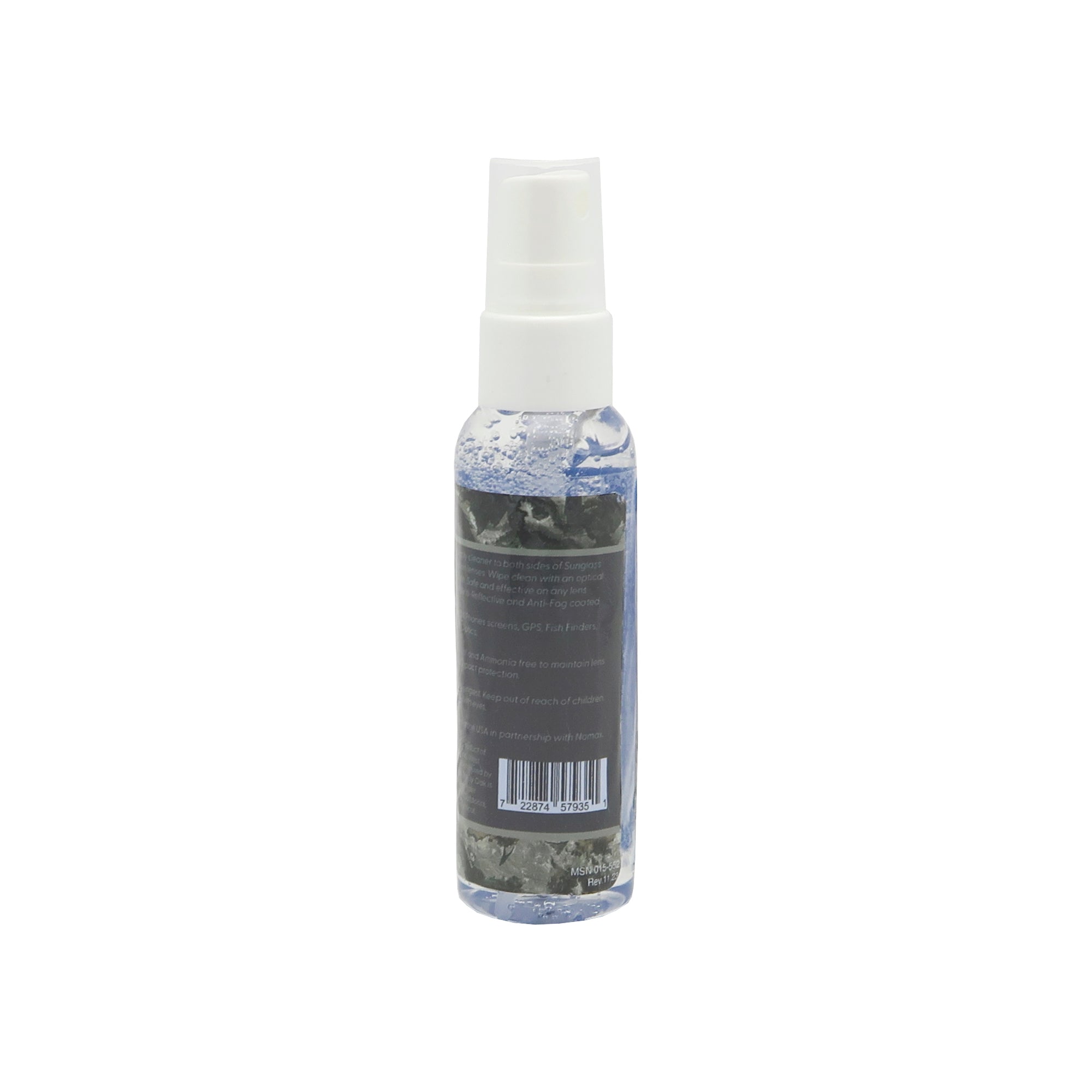 OutLaw Eyewear Mossy Oak ClearShot lens cleaner spray and anti-fog solution bottle on a white background.