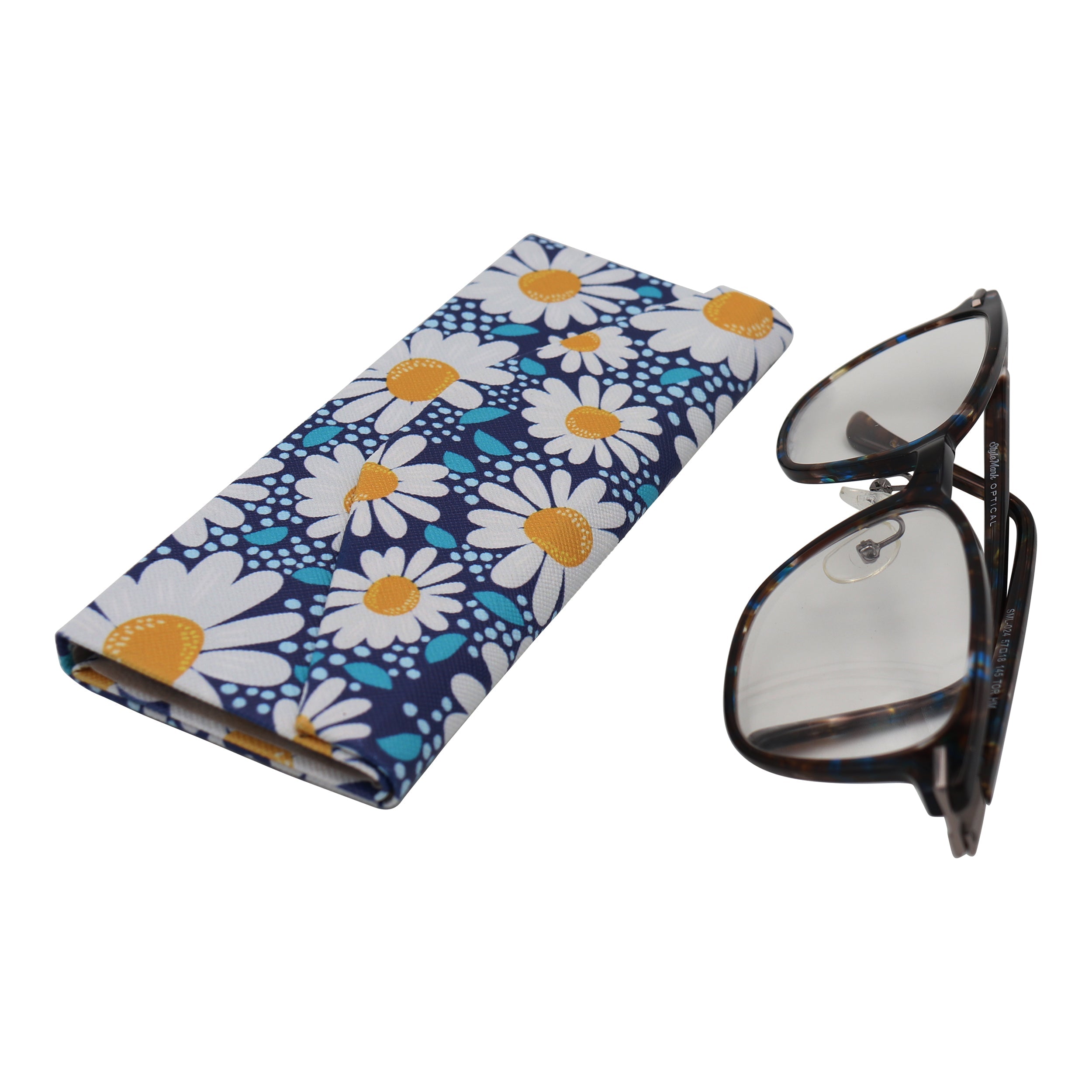 Chamomile flower-patterned vegan leather folding glasses case by Real Sic, with magnetic closure and hard protective design.